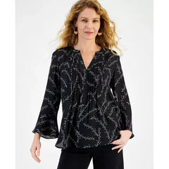 Macy's Women's Printed Split-Neck Pintuck Ruffle-Sleeve Top-Doted black