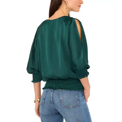 Macy's Women's Split Neck Smocked Waist Blouse-Arresting Emerald Green