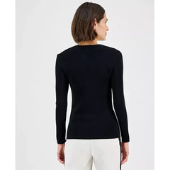 Anne Klein Womens Portrait Neckline Button Sleeve Top, Stylish Elegant Blouse, Anne Black