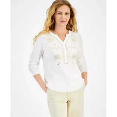 Women's Cotton Shine Embroidered Henley Top, Created for Macy's-Natural