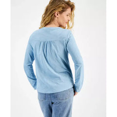 Women's Cotton Shine Embroidered Henley Top, Created for Macy's-Breeze blue