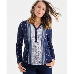 Women's Cotton Mixed-Print Henley Top, Created for Macy's-Winter blue