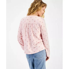 Women's Cotton Mixed-Print Henley Top, Created for Macy's-Winter Pink