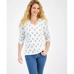 Women's Printed V-Neck 3/4-Sleeve Top, Created for Macy's-White floral