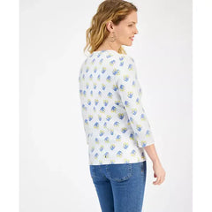 Women's Printed V-Neck 3/4-Sleeve Top, Created for Macy's-White floral