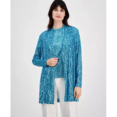 Anne Klein Womens Sequin Embellished Open Front Jacket, Stylish Elegant Layer for Special Events, Pool Blue