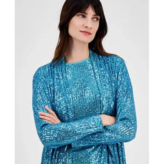 Anne Klein Womens Sequin Embellished Open Front Jacket, Stylish Elegant Layer for Special Events, Pool Blue