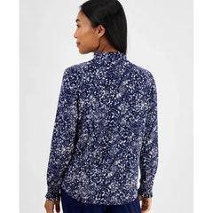 Anne Klein Petite Printed Smocked Cuff Blouse, Stylish and Feminine Top, Midnight Multi , Size P/XXS