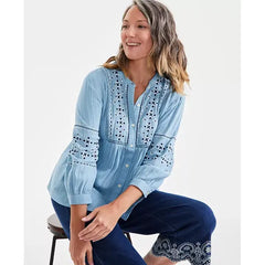 Women's Embroidery Peasant Top, Created for Macy's-Breeze blue