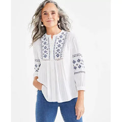 Women's Embroidery Peasant Top, Created for Macy's-Natural