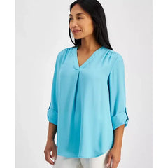 Anne Klein Petite Pleat Front V Neck Roll Tab Tunic, Stylish and Comfortable Blouse for Women