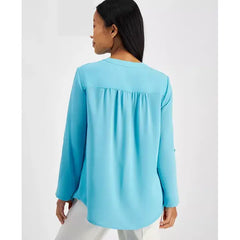 Anne Klein Petite Pleat Front V Neck Roll Tab Tunic, Stylish and Comfortable Blouse for Women
