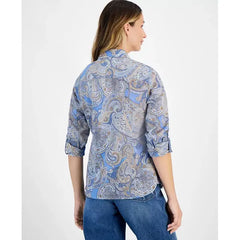 Macy's Women's Cotton Paisley Roll-Tab Shirt-Bright blue
