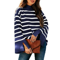 Dokotoo Women's Pullover Sweaters Casual Loose Slit Cuffs Fall Sweater Fashion Bell Long Sleeve Mock Neck Colorblock Striped Jumpers Tops