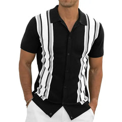 Iceglad Mens Polo Shirts Vintage Striped Knitting Short Sleeves Button Down Golf Shirts