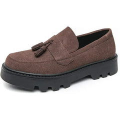 Men's Suede Leather Slip On Tassel Platform Loafers Vintage Round Toe Non-Slip Luxury Formal Shoes Casual Business Penny Dress Loafers