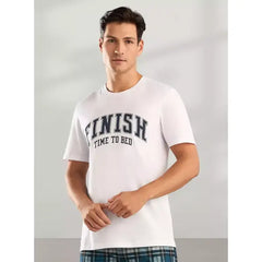 Typographic Print T-shirt and Checked Pyjama Set - Cream