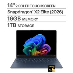 Lenovo Yoga Slim 7x 14" 2K OLED Touchscreen Laptop, Snapdragon X2 Elite, 16GB RAM 1TB SSD (83QR0002US) - Cosmic Blue