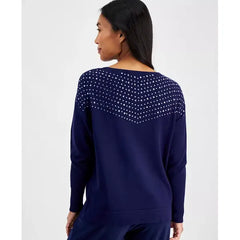 Anne Klein Petite Embellished Boat Neck Sweater, Elegant and Cozy Knit Top, Midnight