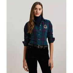 Macy's Women's Relaxed-Fit Black Watch Plaid Shirt, Regular & Petite-Green