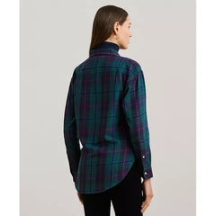 Macy's Women's Relaxed-Fit Black Watch Plaid Shirt, Regular & Petite-Green