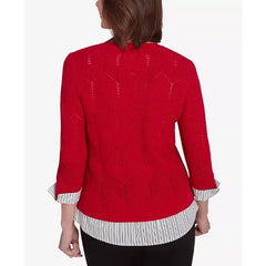 Alfred Dunner Petite Runway Ready Woven Chevron Sweater with Necklace, Red