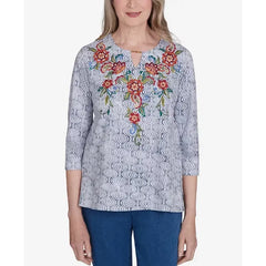 Alfred Dunner Petite Harvest Moon Textured Floral Embroidered Split Neck Top, Grey
