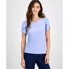 Anne Klein Petite Gathered Tulip Short Sleeve Top, Fresh Blue ,Size P/XS