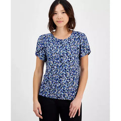 Anne Klein Petite Gathered Tulip Short Sleeve Printed Top, Vibrant Cobalt Multi, Size P/XXS