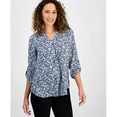 Anne Klein Petite Long Sleeve V Neck Pleat Front Printed Tunic Stylish Comfortable Top for Everyday Wear, Vibrant Cobalt Multi