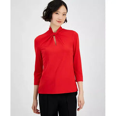 Anne Klein Womens Solid Twist Neck 3/4 Sleeve Top, Stylish Lightweight Blouse