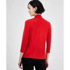 Anne Klein Womens Solid Twist Neck 3/4 Sleeve Top, Stylish Lightweight Blouse