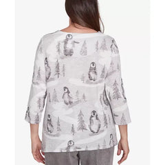 Alfred Dunner Petite Copenhagen Penguin Field Crew Neck Top, Grey Multi, Size PM