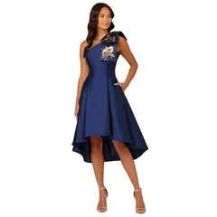 Adrianna Papell Women's Sequined Mikado One Shoulder Dress for Glamorous and Elegant Evening Style, Light Navy