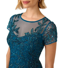 Adrianna Papell Womens Beaded Sheath Dress, Elegant Formal Party Outfit, Teal Sapphire , Size 4