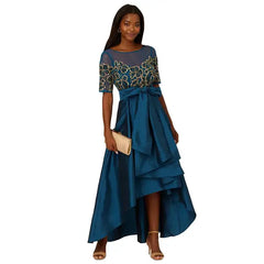 Adrianna Papell Women's Beaded Taffeta Ball Gown, Perfect for Formal Events and Galas, Teal Sapphire/Gold