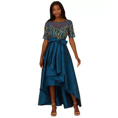 Adrianna Papell Women's Beaded Taffeta Ball Gown, Perfect for Formal Events and Galas, Teal Sapphire/Gold