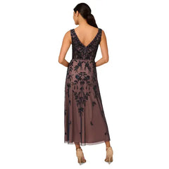 Adrianna Papell Women's Beaded Mesh Midi Dress, Perfect for Elegant Occasions ,Navy/Rosegold , Size 2
