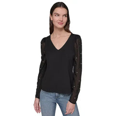 Macy's Women's V-Neck Embellished Sheer-Sleeve Top-Black