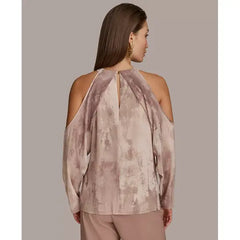 Women's Long Sleeve Printed Cold-Shoulder Top Macy's-Mink combo