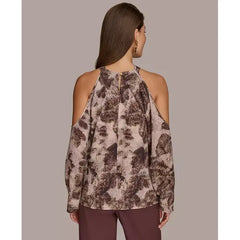 Women's Long Sleeve Printed Cold-Shoulder Top Macy's-Black multi