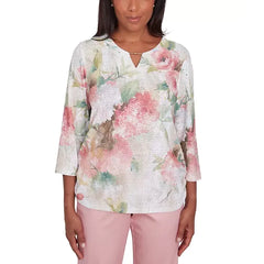Alfred Dunner Petite Coming Up Roses Beaded Split-Neck Top, Neutral Multi , Size PM