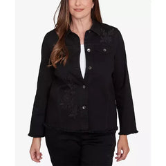Alfred Dunner Petite Floral Embroidered Denim Jacket, Black, Size PS