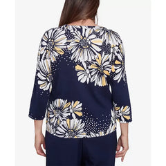 Alfred Dunner Women's Block Island Embellished Daisy Crew Neck Sweater, Navy Multi, Size S