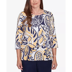 Alfred Dunner Women's Block Island Dramatic Paisley Crew Neck Top, Multi Yellow