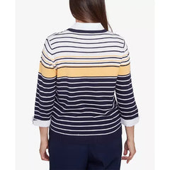 Alfred Dunner Women's Block Island Striped Two in One Collared Sweater with Necklace, Navy Multi