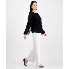 Anne Klein Womens Ruffled Tie Neck Blouson Sleeve Top, Elegant Stylish Womens Blouse, Anne Black