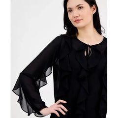 Anne Klein Womens Ruffled Tie Neck Blouson Sleeve Top, Elegant Stylish Womens Blouse, Anne Black