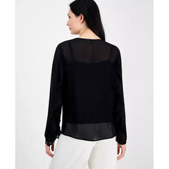 Anne Klein Womens Ruffled Tie Neck Blouson Sleeve Top, Elegant Stylish Womens Blouse, Anne Black