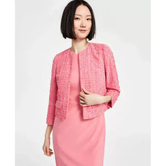 Anne Klein Womens Collarless Open Front Tweed Jacket for Work or Formal Outfits, Pink Dahlia Multi